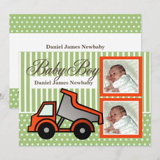 Foto van babyjongen met kiepwagen aankondiging (Voorkant / Achterkant)