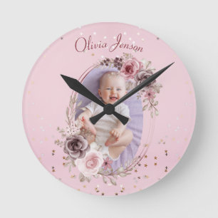 Foto van babymeisje Cute Elegant Modern Roze bloem Ronde Klok