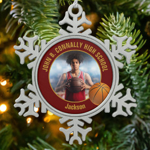 Foto van basketbalspeler in bordeauxrood goud tin sneeuwvlok ornament