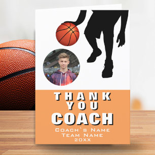 Foto van basketbalspeler silhouet coach oranje bedankkaart