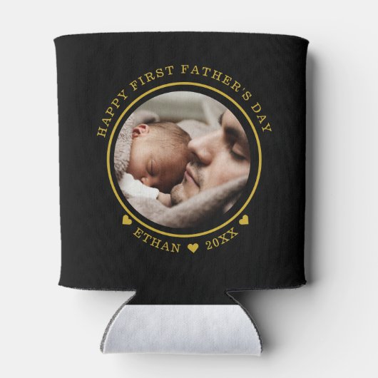 Foto van Black and Gold Happy First Vaderdag Blikjeskoeler (Achterkant)