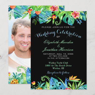 Foto van Black Tropical Waterverf Floral Wedding Kaart