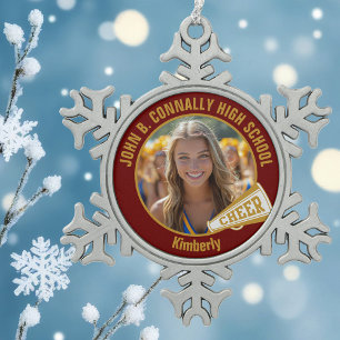 Foto van cheerleader in paars en goud op middelbar tin sneeuwvlok ornament