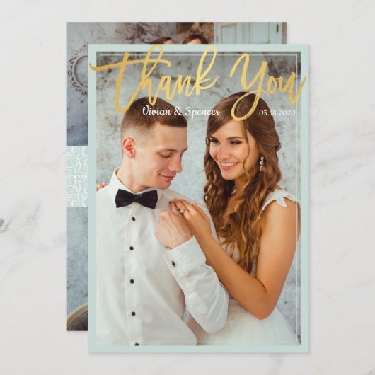 Foto van Chic Bright Mint Faux Gold Script Harteli Bedankkaart (Voorkant / Achterkant)