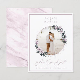 Foto van Chic Magnolia Floral & Mauve Circle Frame Save The Date
