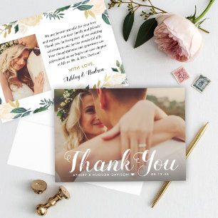 Foto van Cream Gold Floral Greenery Wedding Monogr Bedankkaart