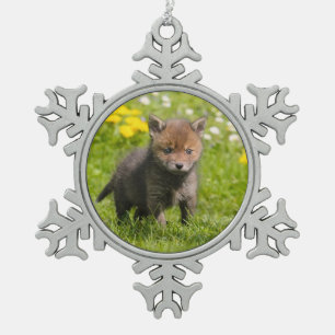 Foto van Cute Fluffy Red Fox Cub Wild Baby Animal Tin Sneeuwvlok Ornament