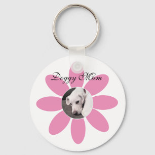 Foto van Cute Puppy Dog in Roze Bloem Lijst Sleutelhanger