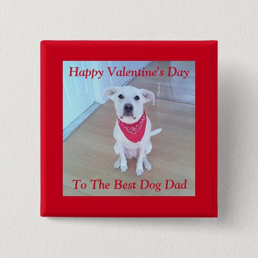 Foto van Cute White Dog met Funny Ears Red Button (Voorkant)