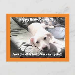 Foto van Cute White Dog met papa Thanksgiving Briefkaart