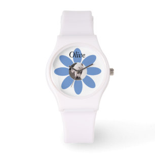 Foto van Cute White Puppy Dog Blue Mum Flower Watc Horloge