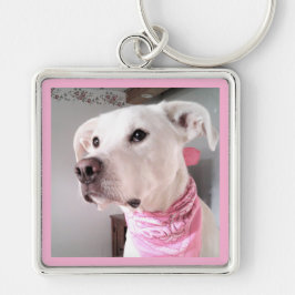 Foto van Cute White Puppy Dog Wearing Pink Scarf Sleutelhanger