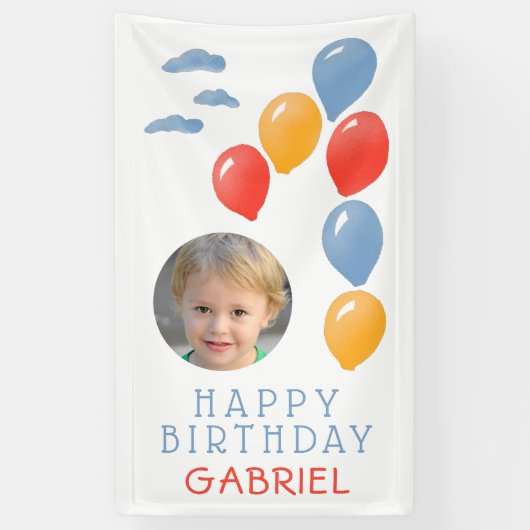 Foto van de eerste Birthday Blue Balloon Kind Spandoek (Verticaal)