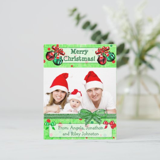 Foto van de groene en rode kerstfamilie - Briefkaa Feestdagenkaart (Staand voorkant)