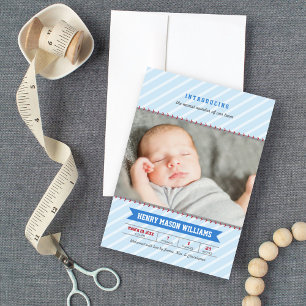 Foto van de moderne Baseball Blue en Red Baby Boy Aankondiging