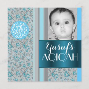 Foto van de moslimbaby blauwe aqiqah kaart