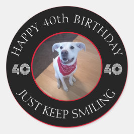 Foto van Dog Grinning Birthday 40 Black en Red Ronde Sticker