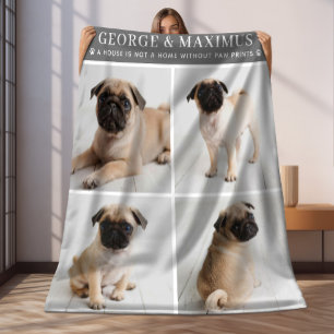 Foto van donkergrijze hond met afdruk van pootafdr fleece deken