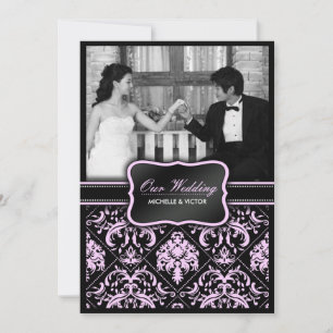 Foto van Elegant Pastel Pink en Black Damask Weddi Kaart