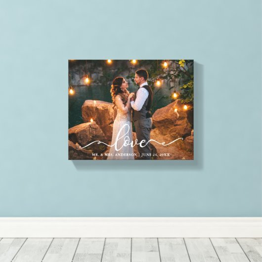 Foto van Elegant Script Love Wedding Bride Groom Canvas Afdruk (Insitu (Houten vloer))