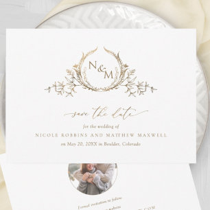 Foto van Elegant White en Gold Monogram Weddending Save The Date