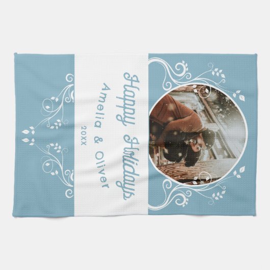 Foto van Festive Prettige feestdagen Foliage Blue Theedoek (Horizontaal)