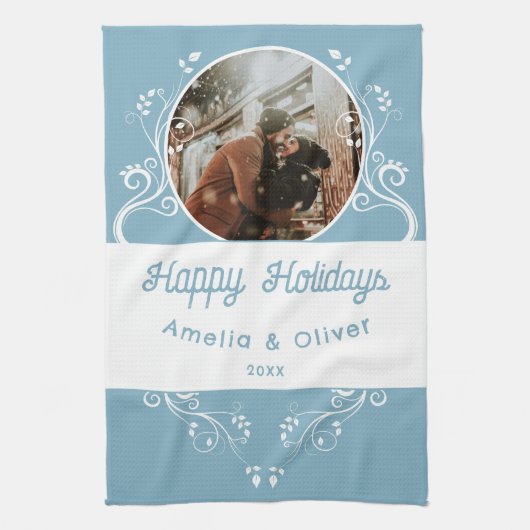 Foto van Festive Prettige feestdagen Foliage Blue Theedoek (Verticaal)