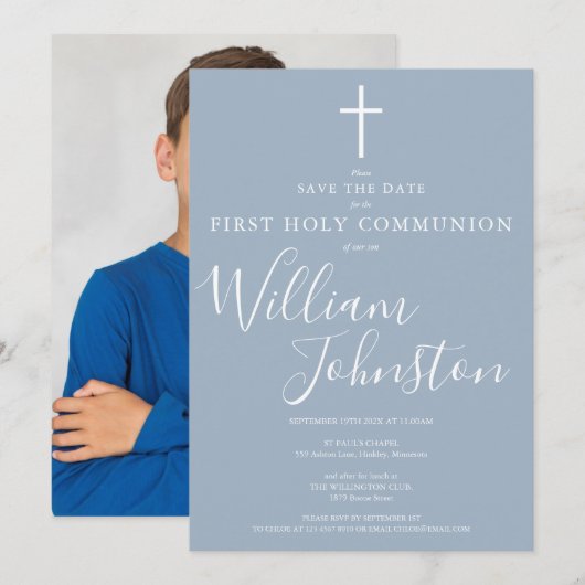 Foto van het eerste Heilige Commune Dusty Blue Save The Date (Voorkant / Achterkant)