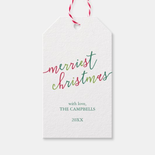 Foto van het moderne script "Merriest Kerstmis" Cadeaulabel (Voorkant)