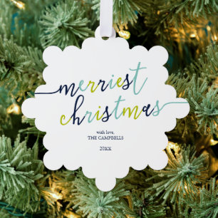 Foto van het moderne script "Merriest Kerstmis" Ornament Kaart