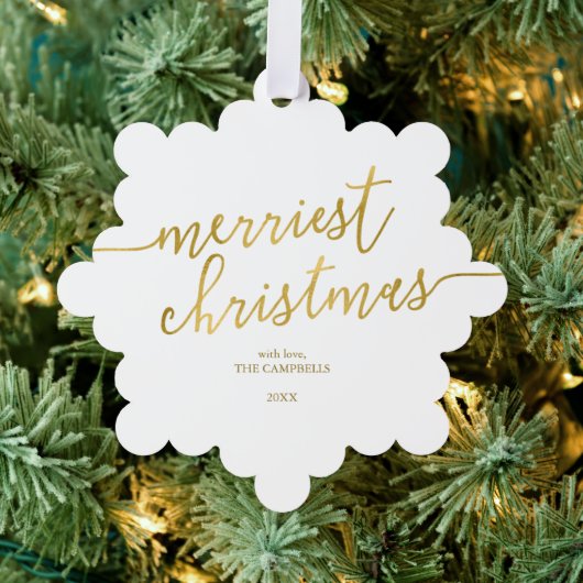 Foto van het moderne script "Merriest Kerstmis" Ornament Kaart (Insitu (Drie))