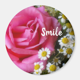 Foto van hete roze roos en witte madeliefjes magneet