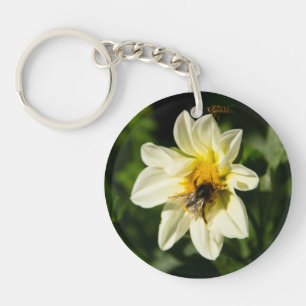 Foto van hommel en witte dahlia sleutelhanger