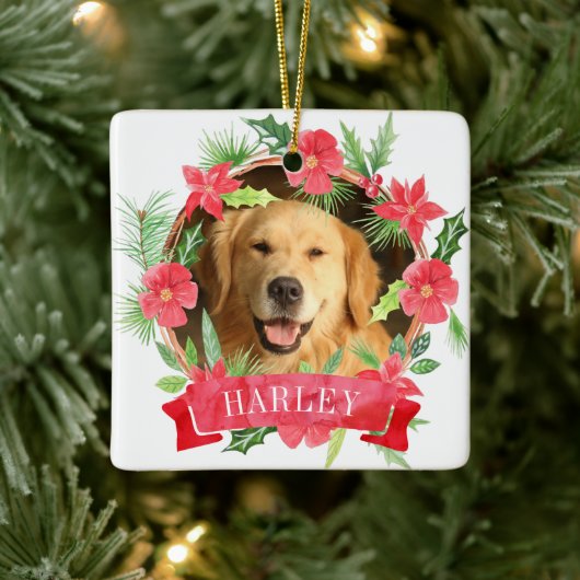 Foto van hond met bloemenkrans keramisch ornament (Boom)