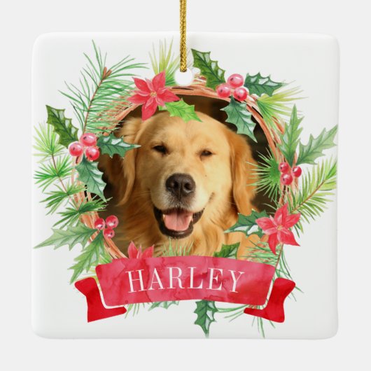 Foto van hond met hulstkrans keramisch ornament (Achterkant)