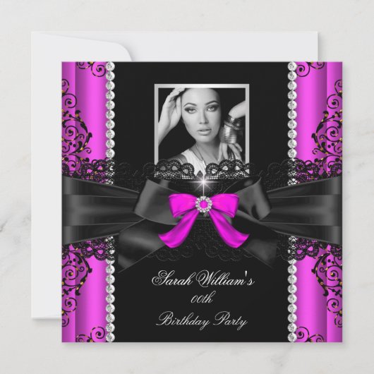 Foto van hot-roze zwarte kant Birthday Party Kaart (Voorkant)
