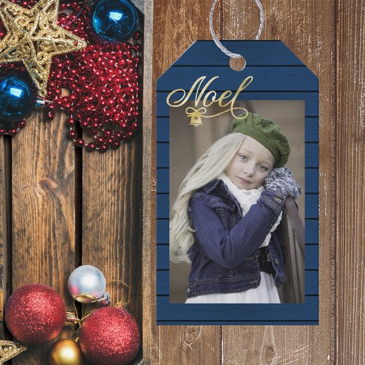 Foto van Kerstmis Blauw Wood Cadeaulabel