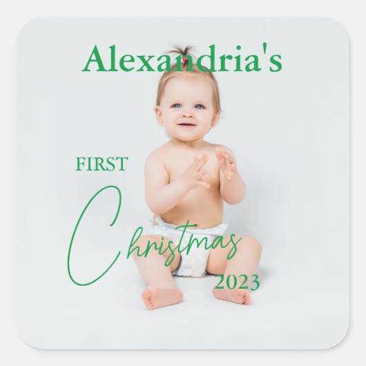 Foto van kind uploaden Eerste Kerstmis Vierkante Sticker (Voorkant)