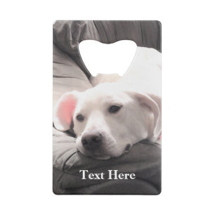Foto van lieve luie witte hond Couch Potato  Kredietkaart Flessenopener