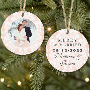Foto van Merry and Married Blush Damask Wedding Ornament