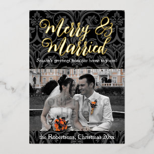Foto van Merry and Married Damask Holiday Folie Feestdagenkaart