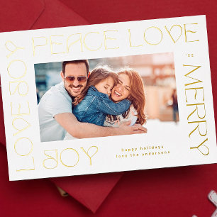 Foto van MERRY JOY PEACE LOVE Moderne Gold Letters Folie Feestdagenkaart