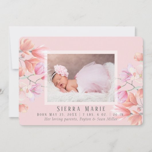 Foto van Modern Pink Floral Baby Girl Aankondiging (Voorkant)