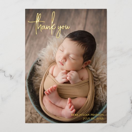 Foto van modern script - Bedankt geboorteaankondig Folie Uitnodiging (Voorkant)