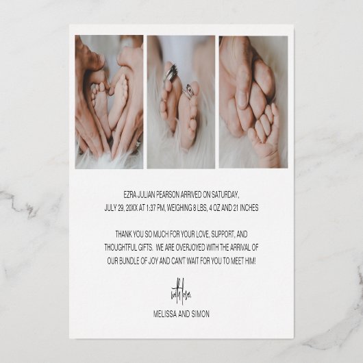 Foto van modern script - Bedankt geboorteaankondig Folie Uitnodiging (Achterkant)