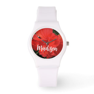 Foto van Oranje Dubbele Hibiscus Aangepaste Naam Horloge