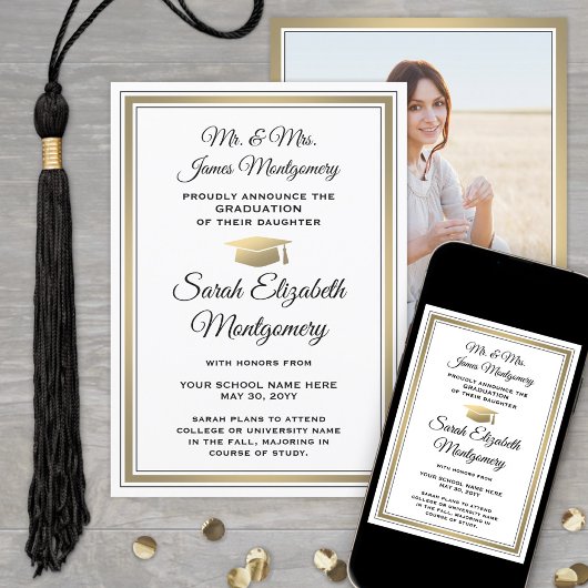 Foto van ouders White Black & Gold Afstuderen Aankondiging