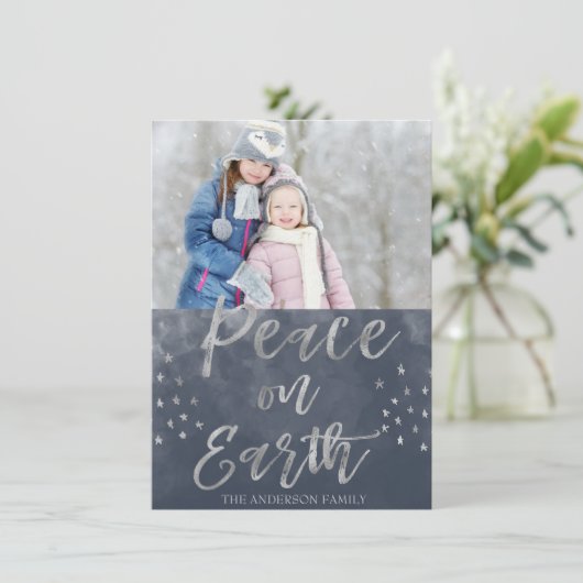 Foto van Peace on Earth Blue en Silver Waterverf Feestdagenkaart (Staand voorkant)