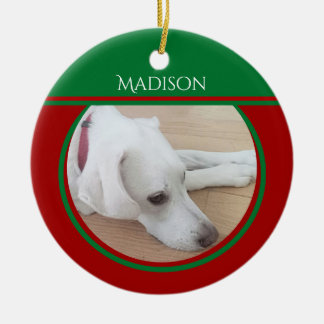 Foto van Peaceful White Dog Wearing Red Collar Keramisch Ornament