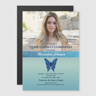 Foto van Quinceanera Glitter Blue Butterfly Magnetische Uitnodiging